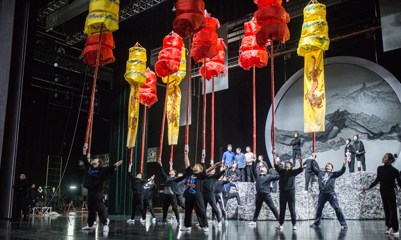 Rehearsal of the acrobatic show Liang Shanbo and Zhu Yingtai by the Jining Acrobatic Troupe. Photo: Shan Jie/GT